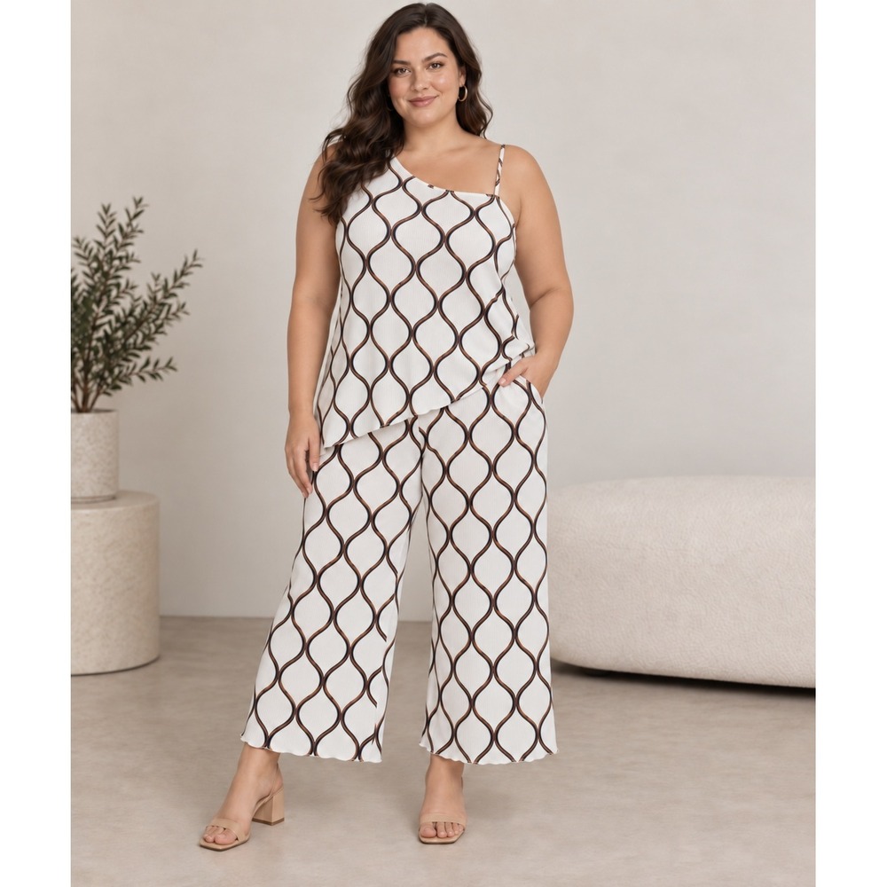 Almost Famous Womens 3X Plisse 2 Piece Set One Shoulder Top Wide Leg Pants HJ287